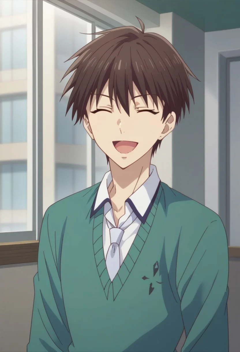 score_9, score_8_up, score_7_up, source_anime, highly detailed,
kakerumanabe, 1boy, male focus, solo, closed eyes, smile, open mouth, necktie, ^ ^, brown hair, shirt, upper body, facing viewer, school uniform,
collared shirt, :d, sweater, green sweater,
indoor, window,