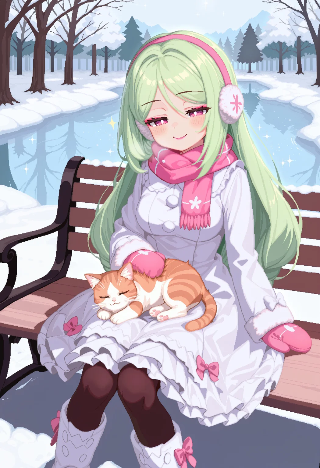 hansode999, (pixel art), 1girl, kajitsumomose, pink eyes, green hair, long hair, masterpiece, best quality, absurdres, medium breasts,
(winter clothes, lolitafashion), winter lolita_fashion, kawaii, cute, padded dress, petticoat, long sleeves, fur trim, scarf, wide skirt, pantyhose, white dress, mittens, earmuffs, bows, ribbons, frills, sparkles, glitter, cute lolita_boots, snow boots with bows,
lipstick, eyeshadow, makeup,
outdoors, nature, park, path, park bench, snow, frozen lake, snow on trees,
solo, sitting, on bench, cowboy shot, dynamic pose, dutch angle, kitten, cat on lap, petting, happy, smile, half-closed eyes