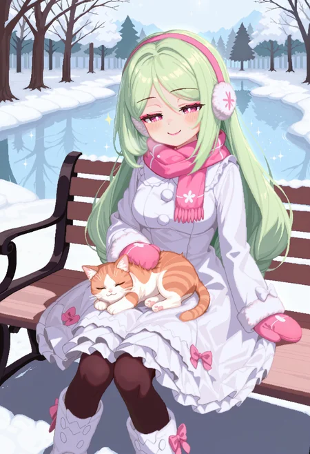 hansode999, (pixel art), 1girl, kajitsumomose, pink eyes, green hair, long hair, masterpiece, best quality, absurdres, medium breasts,
(winter clothes, lolitafashion), winter lolita_fashion, kawaii, cute, padded dress, petticoat, long sleeves, fur trim, scarf, wide skirt, pantyhose, white dress, mittens, earmuffs, bows, ribbons, frills, sparkles, glitter, cute lolita_boots, snow boots with bows,
lipstick, eyeshadow, makeup,
outdoors, nature, park, path, park bench, snow, frozen lake, snow on trees,
solo, sitting, on bench, cowboy shot, dynamic pose, dutch angle, kitten, cat on lap, petting, happy, smile, half-closed eyes