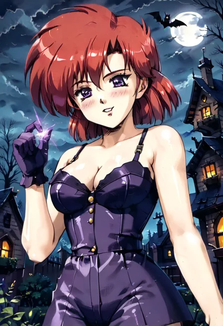 Detailed hands, bottom view, good quality image, ultra detailed image, Eva, solo, blushing, mischievous smile, red hair, violet eyes, short hair, alone, parted lips, medium breasts, cleavage, halloween, halloween fantasy, outdoors, house, pumpking, graves