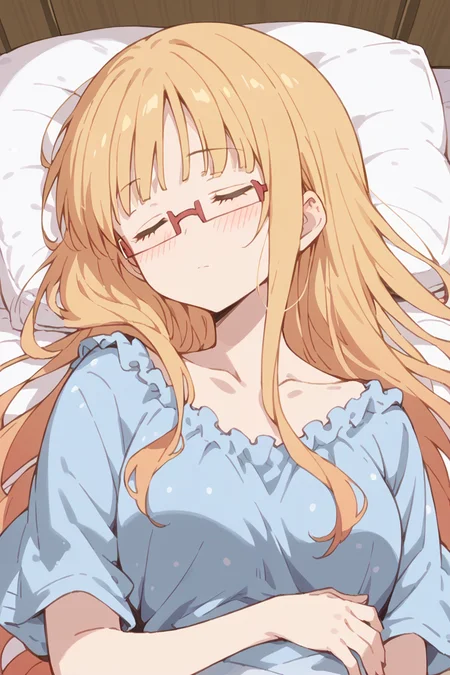 score_9, score_8_up, score_7_up, score_6_up,
<lora:Mitsuki_Sonoda:1> mitsuki, 1girl, solo, glasses, closed eyes, long hair, blonde hair, sleeping, blush, collarbone,