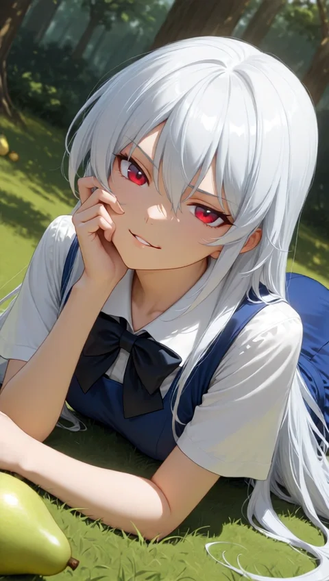 <lora:Char_KazamiKazuki:1>, red eyes, white hair, long hair, hair between eyes, sidelocks,
K4zuSch, pinafore dress, blue dress, white shirt, white collar, short sleeves, black bowtie,
tree shade, sunlight, pear, depth of field, on ground, grass, looking at viewer, head tilt, smirk, parted lips, dutch angle, lying, on stomach, hand on own face, very awa, masterpiece, best quality, highres, absurdres