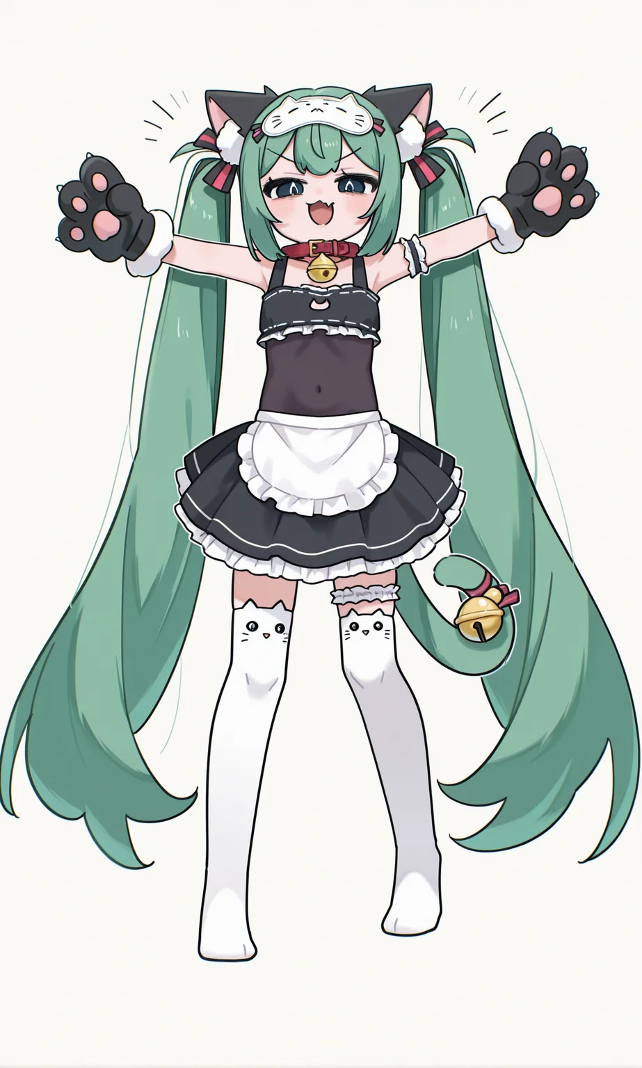 1girl, hatsune miku, hmmnt, 39neko, cat girl,
:d, v-shaped eyebrows, covered navel, skin fang, t-pose, standing, 
twintails, very long hair, hair ornament, green hair, sidelocks,
cat ears, animal ear fluff, white sleep mask, 
neck bell, red collar, arm garter,
sleeveless dress, skirt, maid apron, black top, black covered navel,
cat paws, black paw gloves, white fur-trimmed gloves, green cat tail, tail bell,
bridal garter, single strap, frills, animal ear legwear, cat ear leagwear, white thighhighs, no shoes, 
simple background, pastel yellow background, full body,
rating safe, akita,
masterpiece, best quality, amazing quality, <lora:akita:1.0> <lora:[illustrious]_Hatsune_Miku_-_Mimukauwa_Nice_Try_v1_(MikuMasterRace):1.0>