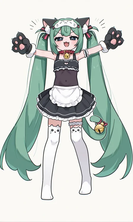 1girl, hatsune miku, hmmnt, 39neko, cat girl,
:d, v-shaped eyebrows, covered navel, skin fang, t-pose, standing, 
twintails, very long hair, hair ornament, green hair, sidelocks,
cat ears, animal ear fluff, white sleep mask, 
neck bell, red collar, arm garter,
sleeveless dress, skirt, maid apron, black top, black covered navel,
cat paws, black paw gloves, white fur-trimmed gloves, green cat tail, tail bell,
bridal garter, single strap, frills, animal ear legwear, cat ear leagwear, white thighhighs, no shoes, 
simple background, pastel yellow background, full body,
rating safe, akita,
masterpiece, best quality, amazing quality, <lora:akita:1.0> <lora:[illustrious]_Hatsune_Miku_-_Mimukauwa_Nice_Try_v1_(MikuMasterRace):1.0>