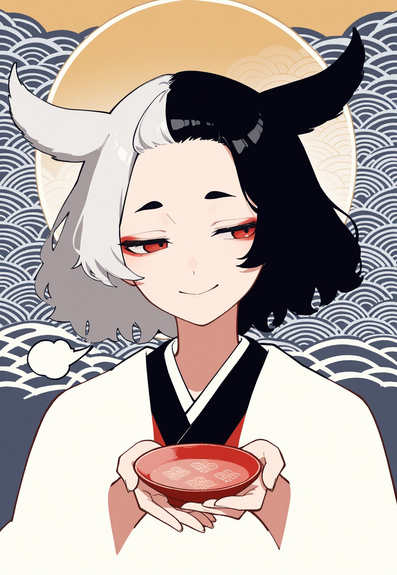 portrait, minimalism, blending, sigh, happy, half-closed eyes,
offering, looking to the side,
parted_hair, [forehead],
(ushizaki_urumi:0.6), split-color hair,
detailed background,
hamada_yoshikazu, tsubonari, seigaiha,
masterpiece, absurdres, newest, [dynamic pose]