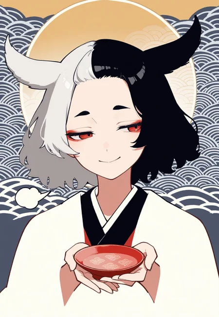 portrait, minimalism, blending, sigh, happy, half-closed eyes,
offering, looking to the side,
parted_hair, [forehead],
(ushizaki_urumi:0.6), split-color hair,
detailed background,
hamada_yoshikazu, tsubonari, seigaiha,
masterpiece, absurdres, newest, [dynamic pose]