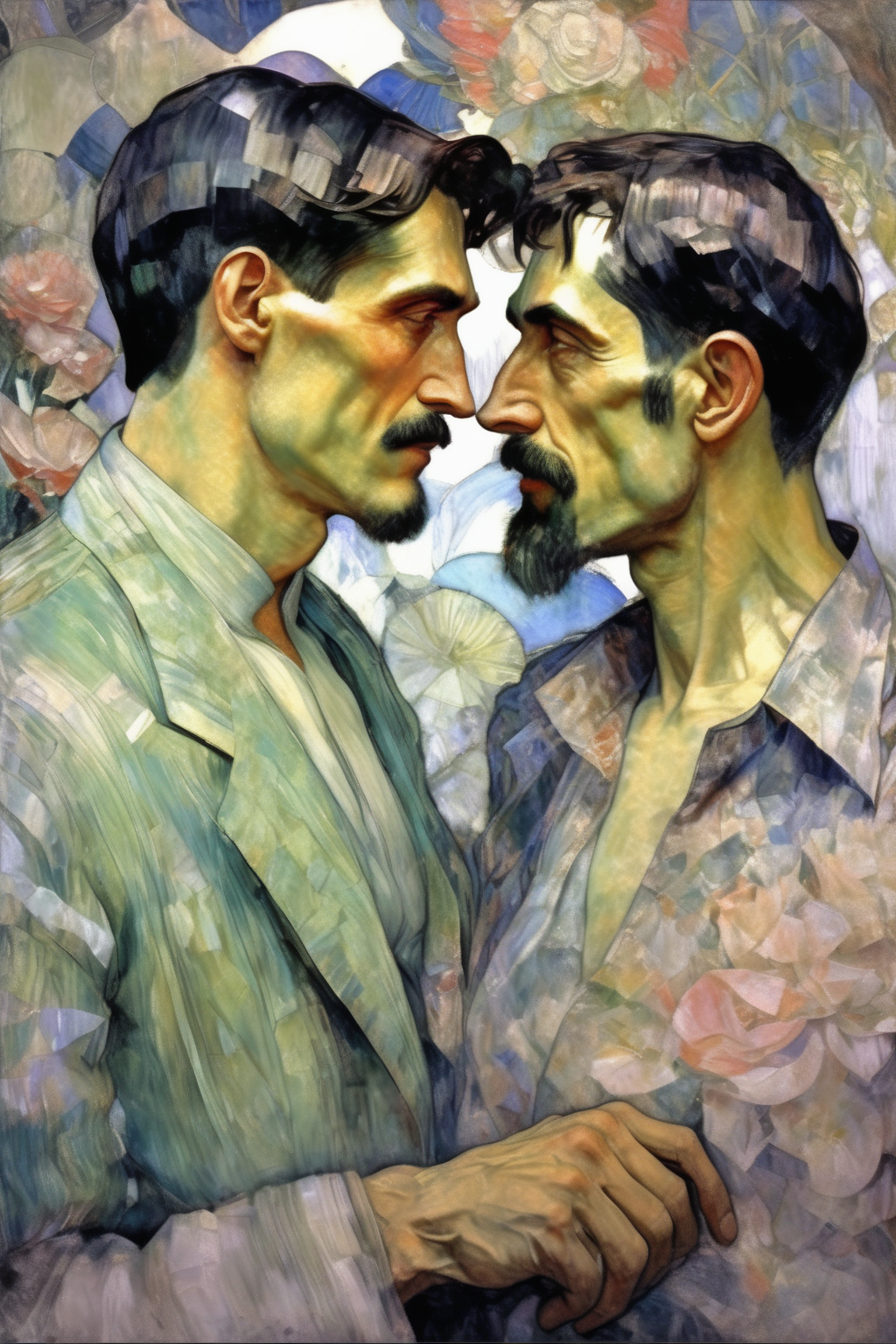 <lora:Mikhail Vrubel Style:1>Mikhail Vrubel Style - An image of two men in their early 40s, who are in love, looking at each other in the style of Mikhail Vrubel.