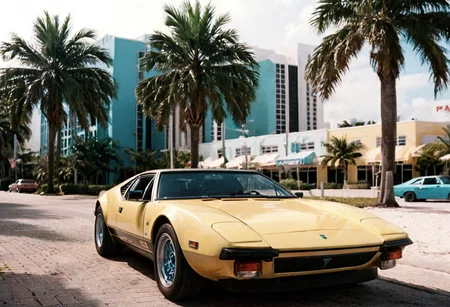 ClassicSportsCar MiamiVice, gleaming pastel yellow DeTomaso Pantera, palm trees, seaside, cityscape, 4K, highly detailed, (((stylish grainy analog 35mm film photo, "PANTERA")))