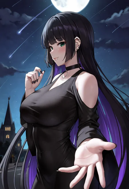 masterpiece, best quality, 1girl, pa-san, green eyes, purple colored inner hair, medium breasts, ear piercing, chin piercing, hime cut, choker, black dress, long dress, shoulder cutout, sleeves, cloud, moon, full moon, Hogwarts, castle hill, night sky, street, shooting star, looking at viewer, blush, light smile, closed mouth, (mature female:0.65), foreshortening, dynamic pose, reaching towards viewer, upper body, from side,