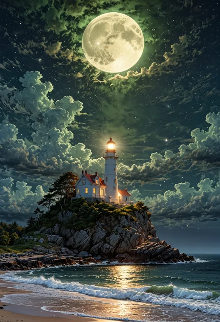 A captivating night scene illustration featuring an ancient lighthouse standing tall on a rocky island. The lighthouse, adorned with multiple windows, emits a warm glow, highlighting its intricate architecture and rich history. The rocky island is covered in lush green trees, reflecting on the calm, moonlit sea waters that mirror the silvery moonlight. The full moon graces the sky, casting an ethereal glow on the clouds and sea, while wispy clouds partially obscure its brilliance, adding to the scene's mystique. Twinkling stars dot the sky, creating a celestial tapestry that harmonizes with the moon's radiance. This enchanting artwork captures a serene and peaceful night, where the illuminated lighthouse stands resolute amidst the celestial beauty, creating a cinematic experience., illustration, cinematic <lora:EpicF4nta5yXL:0.8>