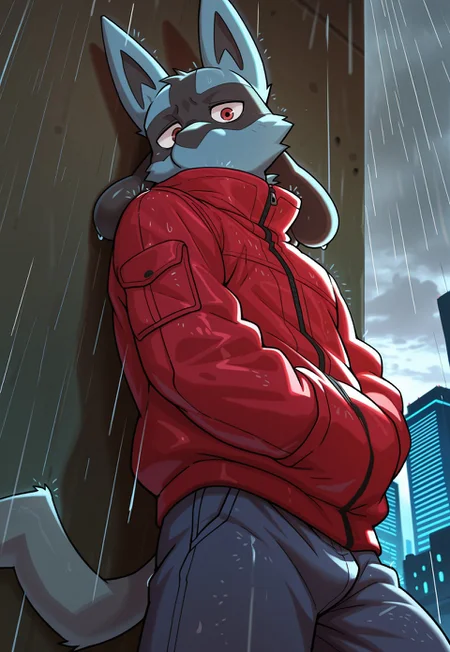kumak, cowboy shot, masterpiece, best quality, amazing quality, 1boy, furry male, solo, lucario, tail, jacket covering mouth, cute, wearing red jacket, head tilt, facing viewer, back against wall, rain, outdoors, cyberpunk city, looking at viewer, cloud, from below