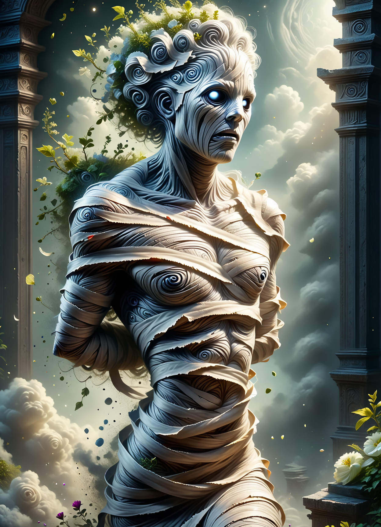 DonM3l3m3nt4lXL,  score_9, score_8_up, score_7_up, score_6_up, male  mummy, preserved reanimated undead cursed being, wrapped in bandages, sunken empty eye sockets, tattered burial wrappings, ancient artifacts and jewelry,curses, supernatural reanimation , light gray fertile psionic, rating_safe <lora:DonM3l3m3nt4lXL-pony:0.8>