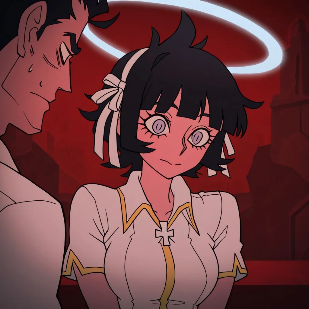 masterpiece, best quality, newest, absurdres, highres, DevManV1.0-IL, 1girl, azazel_(helltaker), short hair, black hair, halo, white shirt,