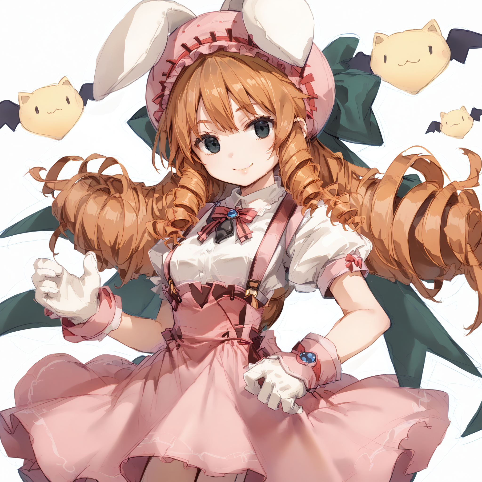 (score_9:1.2), score_8_up, score_7_up, source_anime, BREAK , best quality,<lora:fancy_mel(dewprism)-pony-003:1>, fancy_mel(dewprism), 1girl, solo, long hair, looking at viewer, smile, simple background, skirt, brown hair, white background, gloves, dress, hat, bow, short sleeves, puffy sleeves, orange hair, black eyes, sketch, drill hair, suspenders, pink dress, pink skirt, suspender skirt, pink headwear, ringlets