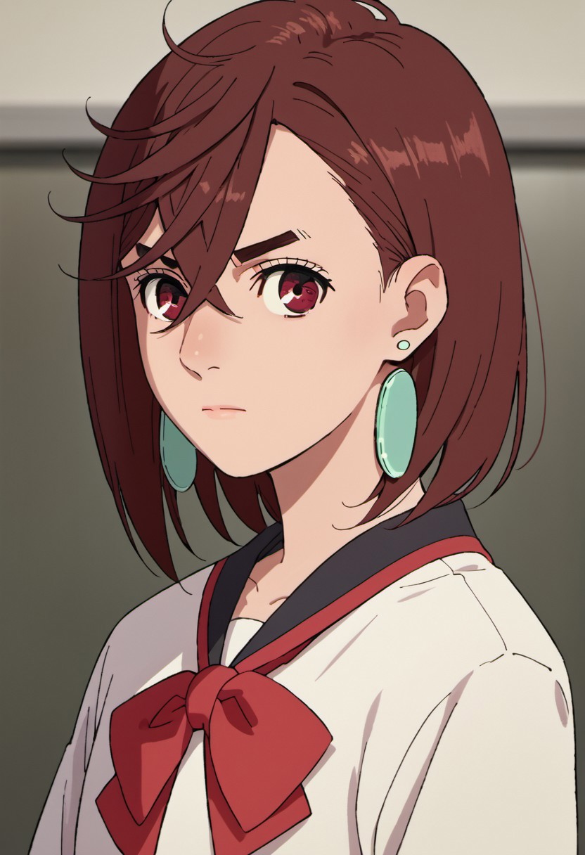 score_9, score_8_up, score_7_up, source_anime, ayase momo, auburn hair, short hair, brownish crimson eyes, 1girl, solo, jewelry, earrings, hair between eyes, closed mouth, asticassia school uniform