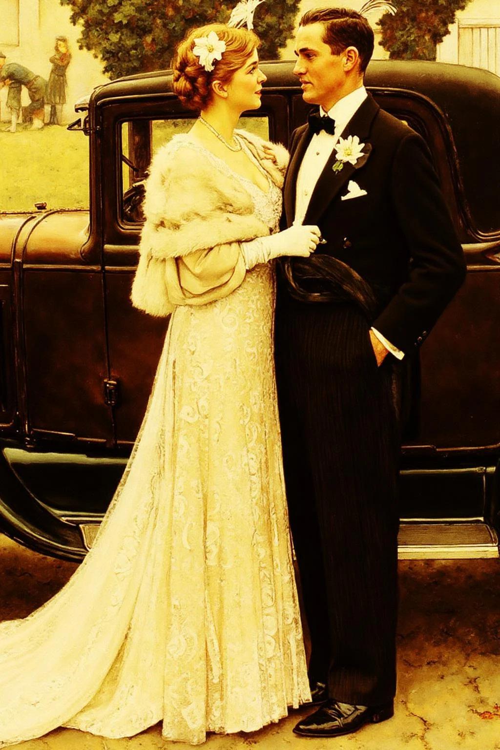 normanrockwell1 painting.
A couple in formal attire standing in front of a classic car from the 1920s. The woman on the left is dressed in an elegant, floor-length gown with a light, airy texture. Her gown is a soft white color with intricate lace detailing and features a long train. She wears a luxurious fur stole draped over her shoulders, adorned with a delicate floral pattern. Her hair is styled in a sophisticated updo with feathers and flowers.
<lora:normanrockwell1_cap_d6a3e12:1.0><lora:841448728532578723:0>
