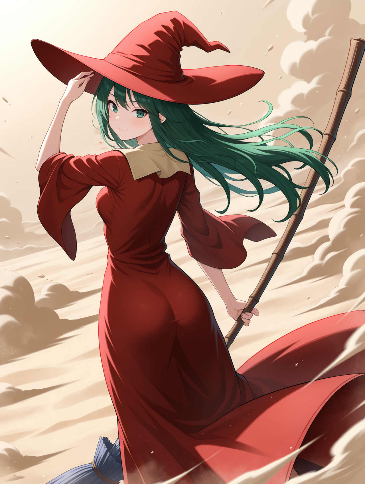 mystical sand,1girl,solo,broom,holding broom,sand,smile,red witch hat,adjusting hat,red long dress,dust,sand,wind,floating hair,looking_back, from behind
masterpiece,best quality,amazing quality,very aesthetic,absurdres,newest,<lora:Mystical Sand illuXL v1:0.77>,