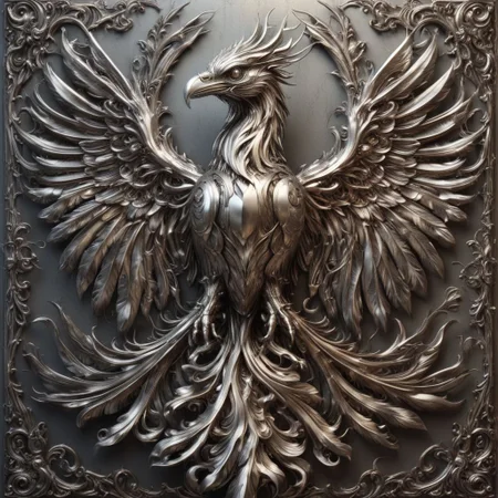 Steel/ral-polishedsteel Phoenix, Diamond Line, (Golden Beak: 1.1), Sharp Focus, Atmospheric Lighting, Highly Detailed, Overall Detail, Ornate, Macro, Shallow DOF, Atmospheric Dust,