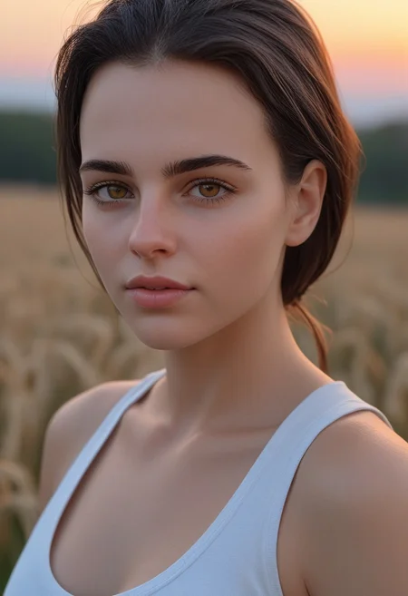 30yo american woman in a wheat field
Small eyes. Brown eyes.
Wearing white tank top. no makeup. Clear skin.  realistic skin style
Long dark black slick back hair. No makeup. Dusk, Street light. Looking at camera POV. Slight smile, tilting head.. Tilt head. Hands in head, face, lips.
Medium Close Up shot. Bokeh. Heavy Bokeh light. Dawn. yellow, red, purple orange. sky.