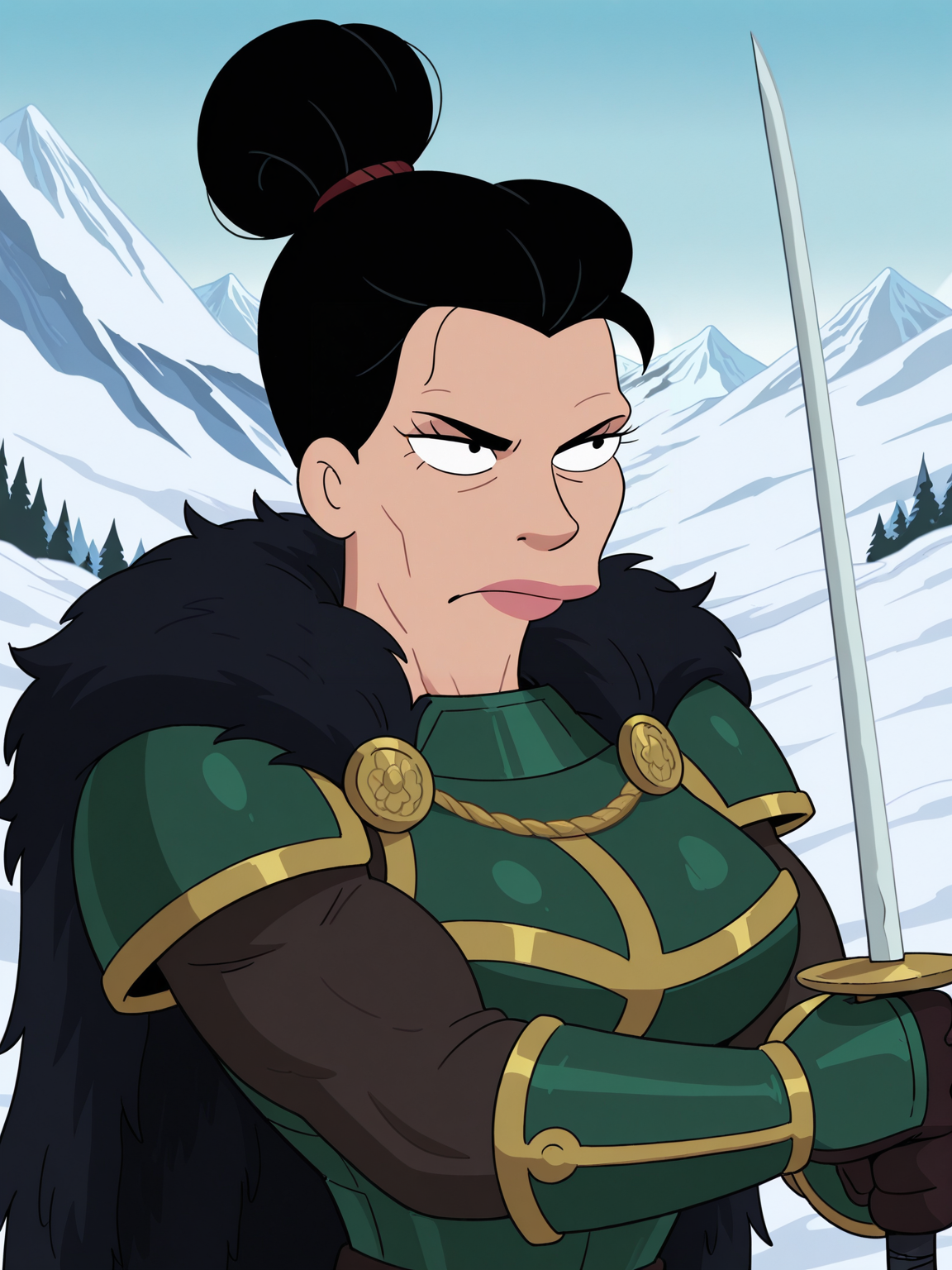 adult woman, mature, black hair, muscular female, green armor, gloves, fur cape, holding sword, battle stance, snow, mountains, solo, upper body, close-up,
,  <lora:FuturamaHRIL:1>, best quality, absurdres