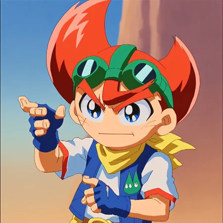 1boy, yamato delgado, solo, googles, red hair, blue eyes, white shirt, blue vest, fingerless gloves