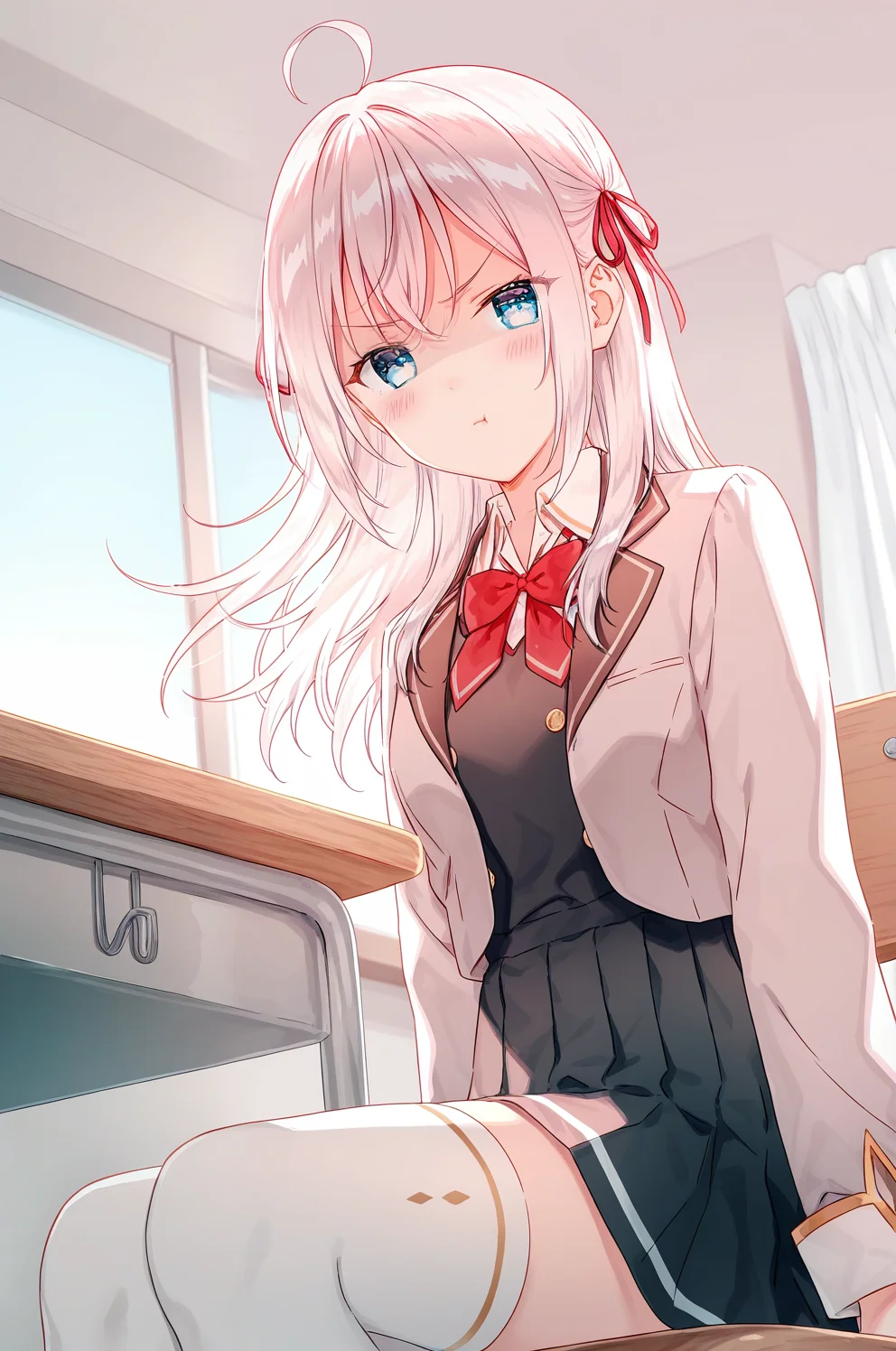 (masterpiece), (best quality), (intricate details, very aesthetic), absurdres, highres, 1girl, <lora:alisa_mikhailovna:1> alisa_wz, white hair, long hair, ahoge, sidelocks, medium breasts, blue eyes, red ribbon, hair ribbon, school uniform, collared shirt, white shirt, red bowtie, black pinafore dress, pinafore dress, grey blazer, cropped blazer, long sleeves, black skirt, miniskirt, pleated skirt, crossed bangs, open jacket, buttons, white thighhighs, sitting, close-up, from below, angry, pout, blush, v-shaped eyebrows, shaded face, indoors, classroom, school chair, window, curtains, wind, day, cinematic light, general, 2023, hiten \(hitenkei\),