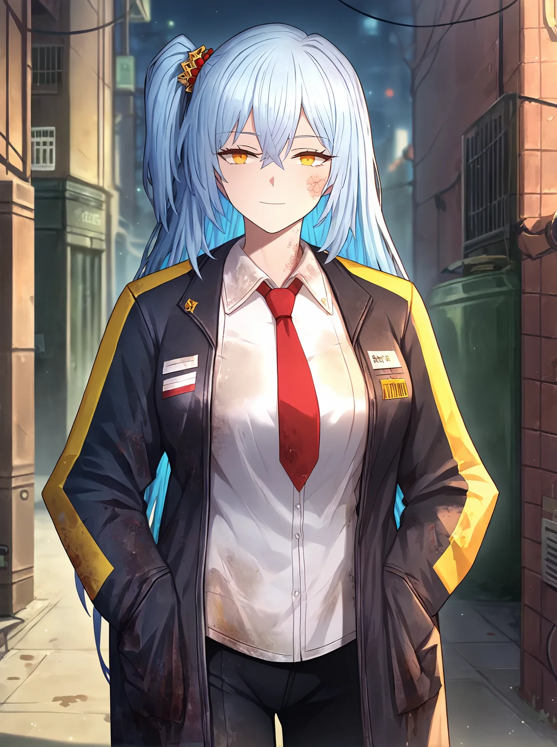 score_9,
<lora:limbus_company_v1_unpruned:1>,
1girl, epic, long hair, light blue hair, large breasts, amber eyes, straight hair, one side up,
outdoors, city, alley, light smile, night, dark,
black jacket, open jacket, white shirt, red necktie, black pants, dirty clothes,
cowboy shot, looking at viewer,
high resolution, Masterpiece, detailed