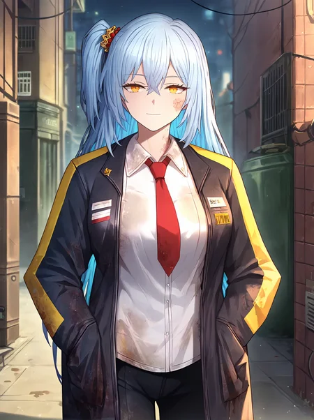 score_9,
<lora:limbus_company_v1_unpruned:1>,
1girl, epic, long hair, light blue hair, large breasts, amber eyes, straight hair, one side up,
outdoors, city, alley, light smile, night, dark,
black jacket, open jacket, white shirt, red necktie, black pants, dirty clothes,
cowboy shot, looking at viewer,
high resolution, Masterpiece, detailed