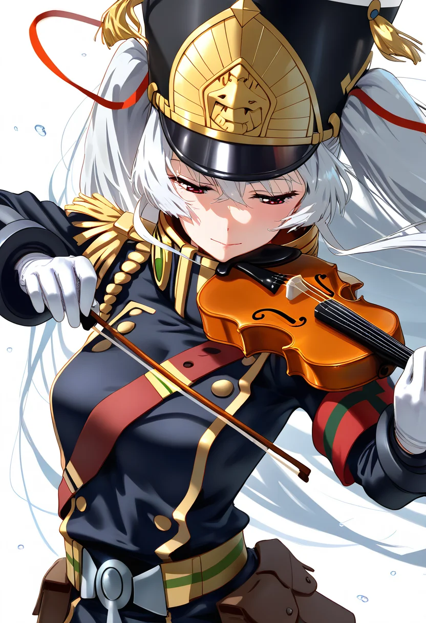 masterpiece,best quality,very aesthetic,highres,absurdres,1girl,mature female,shiny skin,wet,<lora:xmc_v0.3_noobai_cwhj:1>,instrument,hat,red eyes,solo,uniform,military uniform,long hair,playing instrument,military,music,violin,shako cap,holding instrument,gloves,holding,white background,white hair,epaulettes,simple background,high collar,white gloves,belt,belt bag,black coat,black dress,black hat,altair_(re:creators),bow_(music),hair between eyes,hair ribbon,half-closed eyes,holding violin,lion head_(ornament),looking at object,red ribbon,shako cap,sidelocks,twintails,very long hair,floating hair,