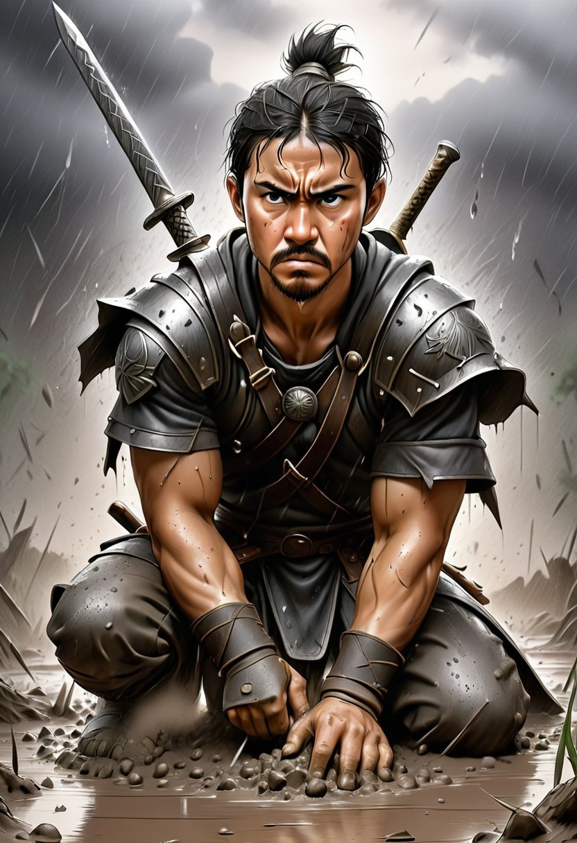 Jed-Pen,
A warrior kneels in the mud, soaked by relentless rain, gripping a shattered sword. Their expression is a mixture of exhaustion, grief, and unyielding determination, as distant thunder echoes through the battlefield.