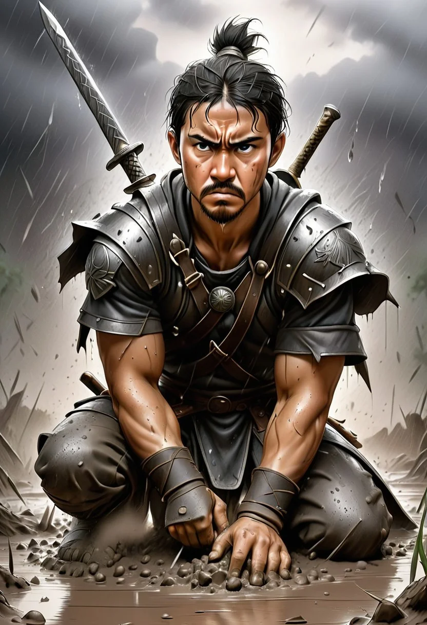 Jed-Pen,
A warrior kneels in the mud, soaked by relentless rain, gripping a shattered sword. Their expression is a mixture of exhaustion, grief, and unyielding determination, as distant thunder echoes through the battlefield.