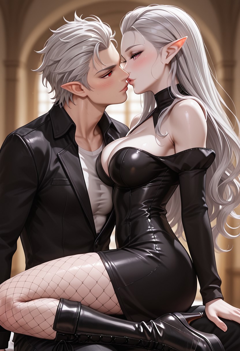score_9_up, score_8_up, score_7_up, masterpiece, absurdres, raytracing, ambient occlusion, dynamic, cinematic, depth of field,8K,illustration, shiny hair,clear skin,ultra-detailed-eyes, (perfectly shaped lips:1.3), ((ultra-detailed faces:1.3)),(((tenderly kissing lips, half lidded eyes, blushing))), ((duo:1.2)), (((1woman, pointy ears, purple eyes, long straight silver hair, pale skin, large breasts))), ((the woman wears a red and black dress, shoulder cutout, off-shoulder dress, thigh high fishnet stockings, high heels knee boots)), (((Astarion, 1man, pointy ears, red eyes, white hair, medium length, semi curls perfectly styled hair, with a single charming loose strand over the right side of his forehead, sharp jawline, graceful male face features, little forehead wrinkles, extremely pale skin, toned body, tall))), ((the man is tall and muscular, wearing a  white shirt and black jacket, denim pants, and combat boots)), Idyllic forest background, sunset