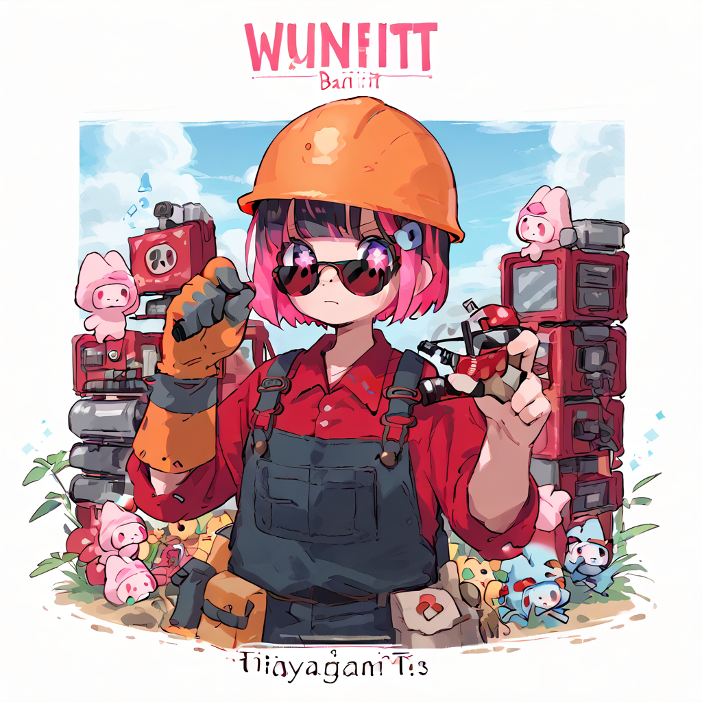 <lora:Berta_Delica:1> black hair, pink hair, multicolored hair, symbol-shaped pupils
 <lora:Engineer_Team_Fortress_2_r1:0.8> tf2engineer , hardhat, sunglasses, single glove, redengie, red shirt, blueengie, blue shirt, overalls