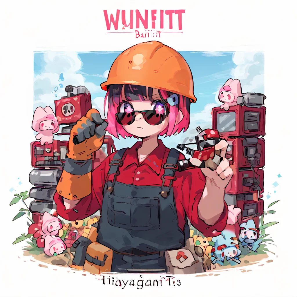 <lora:Berta_Delica:1> black hair, pink hair, multicolored hair, symbol-shaped pupils
<lora:Engineer_Team_Fortress_2_r1:0.8> tf2engineer , hardhat, sunglasses, single glove, redengie, red shirt, blueengie, blue shirt, overalls