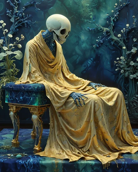 skeleton  lounging on a dais, organic bioluminescent patterns, volumetric lighting, gold robe, emerald, indigo, <lora:add-detail-xl:1.0>,  <lora:xl_more_art-full_v1:0.4>,   <lora:XSfenlie:1> fenliexl,   <lora:lora:1>