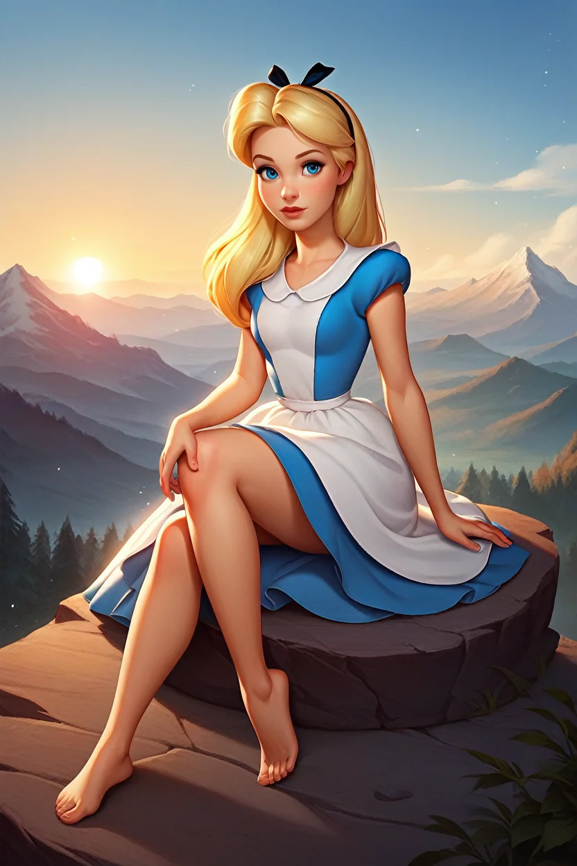 score_9, score_8_up, score_7_up,
<lora:DisneyAlice:0.8>
DisneyAlice, 1girl, blonde hair, blue eyes, long hair, hairband, dress, looking at viewer, gazing into distance, serene expression, sitting on rock, one leg bent, mountains in background, sunrise, misty atmosphere