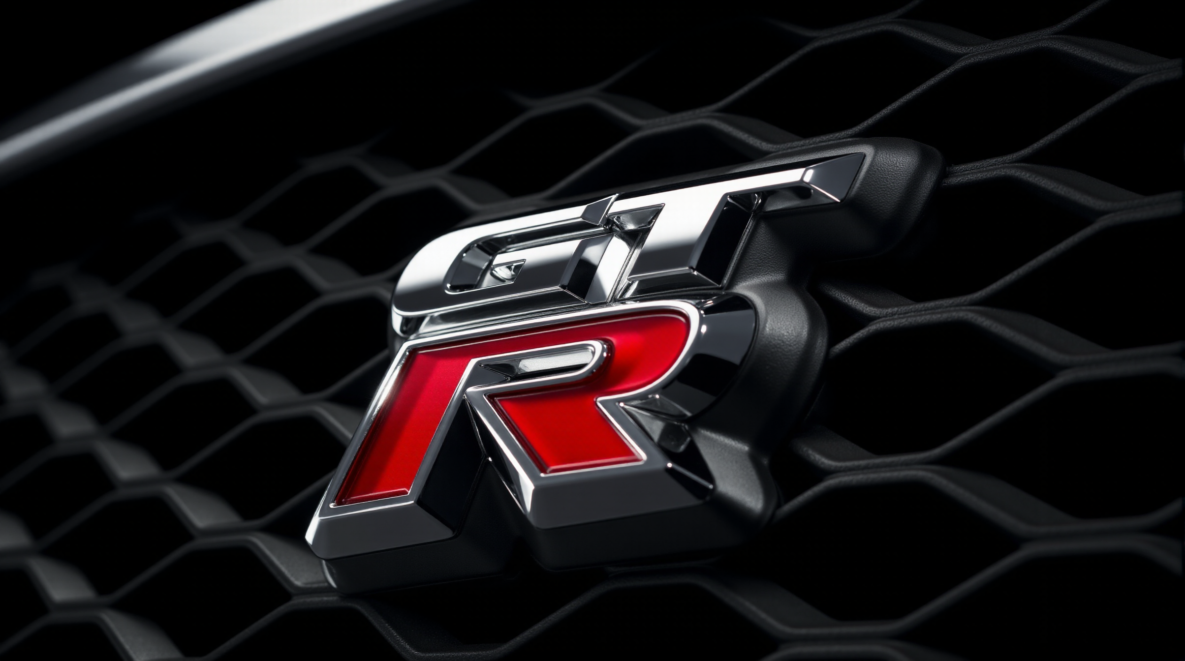<lora:Nissan_Skyline_GT-R_R34:0.8> Nissan Skyline GT-R R34.
A crisply lit macro photograph centers on the GT-R emblem set into a matte black honeycomb grille. The chrome "GT" portion reflects controlled studio lighting, while the red "R" emits a subtle glow under edge lighting, enhancing depth and vibrance. Every beveled edge of the badge captures pinpoint reflections, conveying precision craftsmanship. The grille texture fades gradually into a soft blur, accentuating the clean dimensionality of the emblem. A diagonal composition adds motion and tension to the static subject, using advanced lighting theory to accentuate contrast between glossy surfaces and dark textures. The emblem's position in the frame evokes strength and symmetry, suggesting high performance through minimalist design. The lighting reveals the curvature and reflective nature of the badge without overexposure, ensuring accurate chromatic reproduction and tactile realism.   Ultra-detailed. (Extremely shiny and reflective high gloss finish with bright glints:1.2).