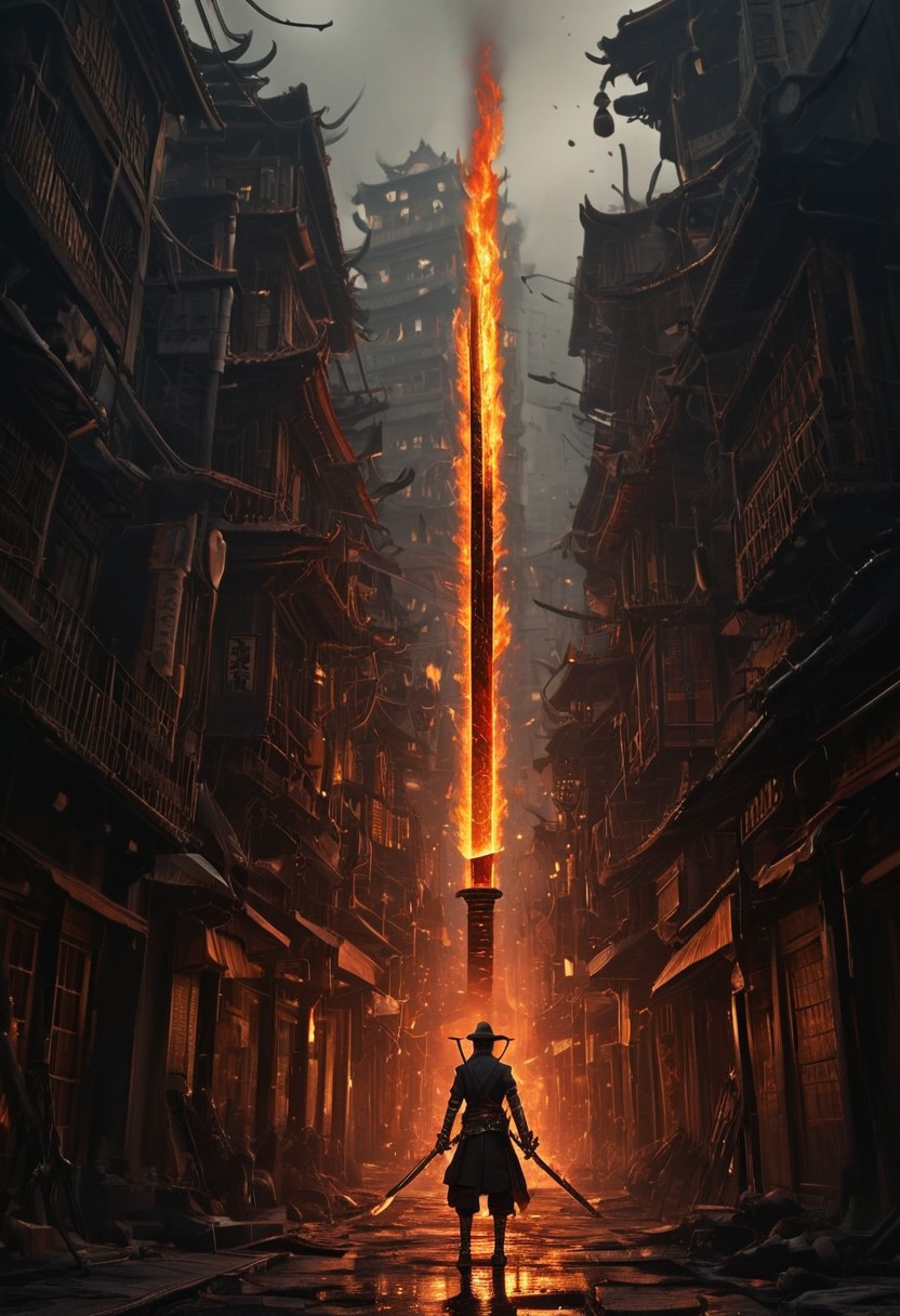 a street filled with lots of fire next to tall buildings, amazing fantasy art, steampunk katana, matte digital painting, vertical wallpaper, standing in hell, like jiufen, inspired by Maruyama Ōkyo, ravnica, fires glow lonely, inevitable doom, matte drawing, torches, pixiv frontpage, HavvoricFireDarkstyle