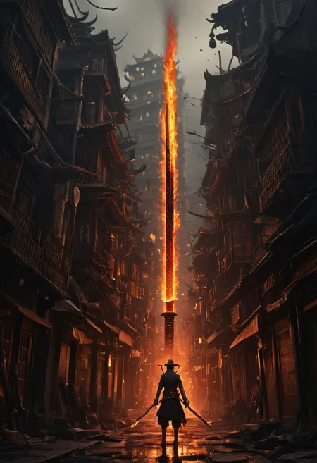 a street filled with lots of fire next to tall buildings, amazing fantasy art, steampunk katana, matte digital painting, vertical wallpaper, standing in hell, like jiufen, inspired by Maruyama Ōkyo, ravnica, fires glow lonely, inevitable doom, matte drawing, torches, pixiv frontpage, HavvoricFireDarkstyle