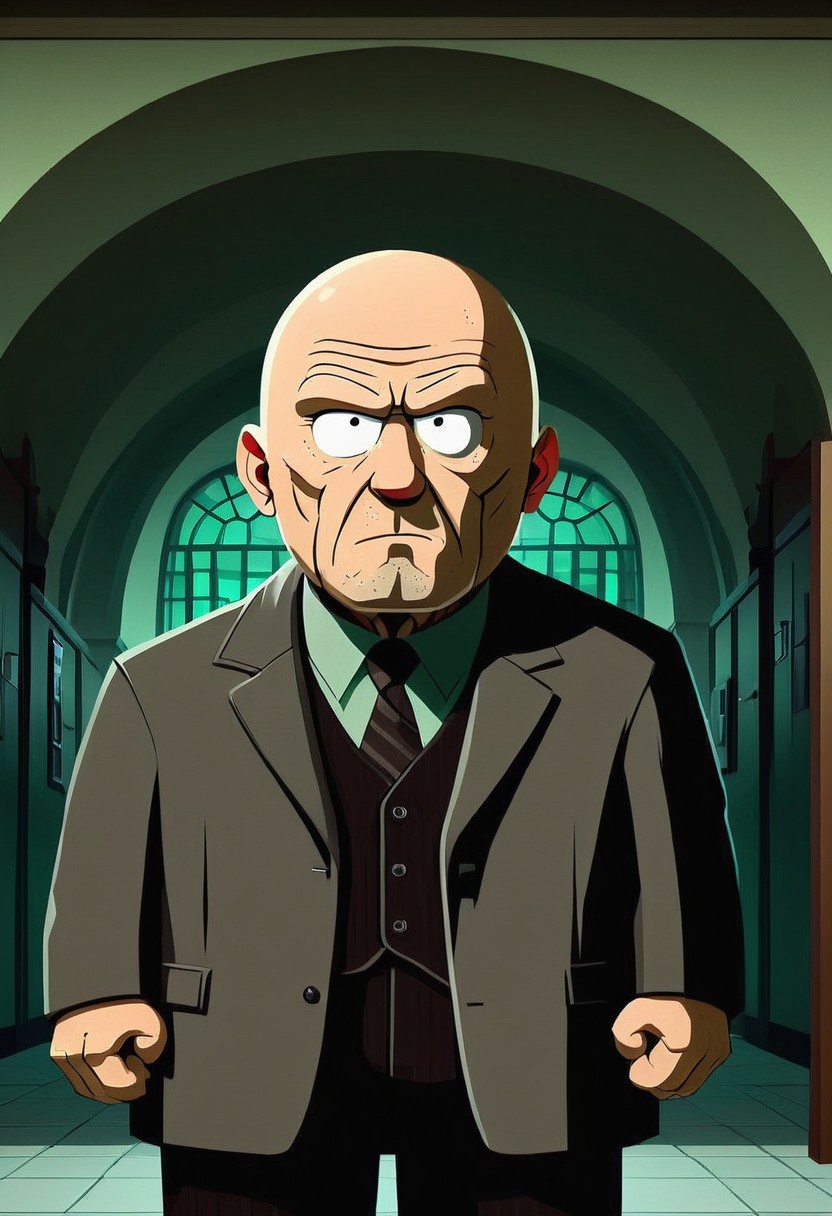 negative space, establishing shot, 
cinematic concept art of  
golem, breaking bad style, face of Mike Ehrmantraut, menacing face, 
SouthParkRay,
bald, wrinkled, clean shaven
framing device, rule of third, detailed. 
backdrop is an interior of a former police station.
South Park