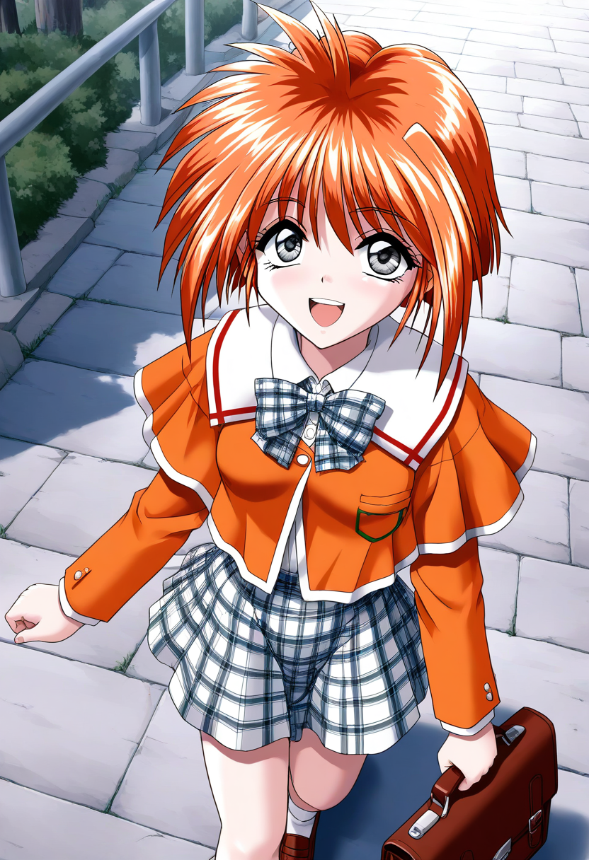 general,highres, ultra-detailed,very aesthetic,best quality ,best hands, BREAK <lora:Kawahara_Ayano_Akumu_AoiKajitsunoSange_IS:1>
Kawahara_Ayano, 1girl, solo, short hair, orange hair, small breasts, grey eyes, bangs, 
orange school uniform, plaid skirt,  white and black skirt, open mouth, smile,  school bag, plaid bow, 
looking at viewer,  outdoors, long sleeves,  
bowtie,  holding bag, :d,  road, 
plaid bowtie, shirt, walking, standing, stairs, 
school briefcase,  from above,  day,