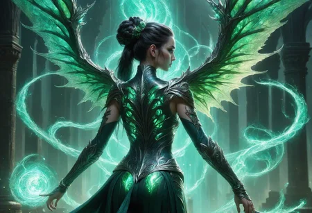 awesome quality, dynamic,DonMDr4g0nXL woman from behind,(draconid:0.25) phthalo green fertile arcane <lora:DetailedEyes_V3:0.8>,<lora:myLora\DonMDr4g0nXL-v1.1rb:0.8>