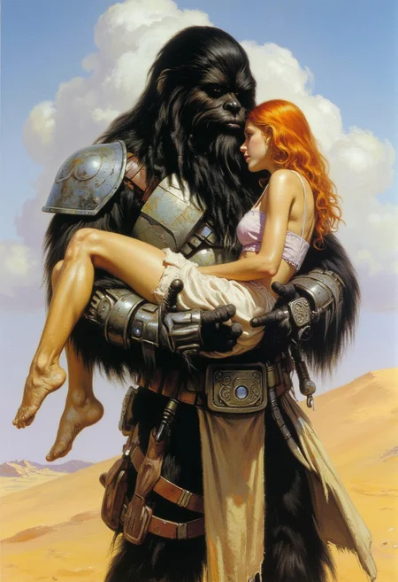 Frank Frazetta fantasy oil painting upper body closeup of a wookiee with black fur, sci-fi bounty hunter wearing ((full plate heavy sci-fi armor)), lovingly carrying a  much smaller young redhead female human in his arms, desert background