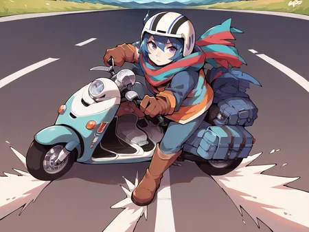 score_9, score_8_up, score_7_up, score_6_up, score_5_up, <lora:AkiraslideXLP2:0.7> akira slide, 1girl, ground vehicle, motor vehicle, solo, blue hair, gloves, scarf, scooter, helmet, boots, motorcycle helmet, purple eyes, road, 1girl