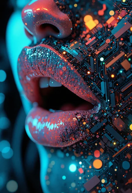 masterpiece, high-quality, hyperdetailed, refined details, best quality, high resolution, Macro close-up of lips parted slightly, shimmering with iridescent cybernetic lip gloss that seems to shift color with the light, subtle circuitry patterns visible beneath the gloss, reflecting neon city lights in miniature, incredibly shallow depth of field, focus on texture and cybernetic detail, Style is Cyberpunk Macro Sensuality, focus on iridescent textures and neon reflections, technologically alluring, sense of futuristic beauty and intimate detail, <lora:FLUX\Anime v1.3:0.5> <lora:FLUX\Emberveil digital painting:0.8> <lora:FLUX\Anime Art V3:0.6>