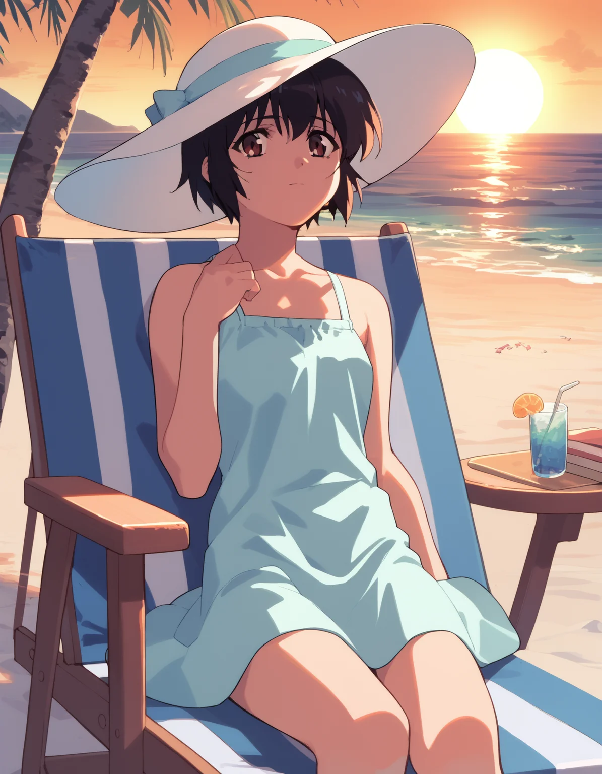 score_9, score_8_up, score_7_up, score_6_up, score_5_up, score_4_up
<lora:noir-2x-ponyxl-000016:1>
1girl, yuumura kirika, yuumura kirika, sundress, sun hat,
beach chair, beach, sunset