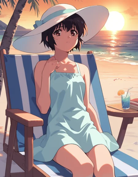score_9, score_8_up, score_7_up, score_6_up, score_5_up, score_4_up
<lora:noir-2x-ponyxl-000016:1>
1girl, yuumura kirika, yuumura kirika, sundress, sun hat,
beach chair, beach, sunset