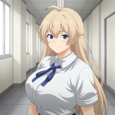 1girl, solo, maki jk genkai koubi anime style, blonde hair, long hair, ahoge, blue eyes, bangs, large breasts, smile, hair between eyes, closed mouth, maki's school outfit, white shirt, collared shirt, short sleeves, neck ribbon, blue ribbon, portrait only, arm at side, cowboy shot, looking at viewer, from side, indoor, hallway,