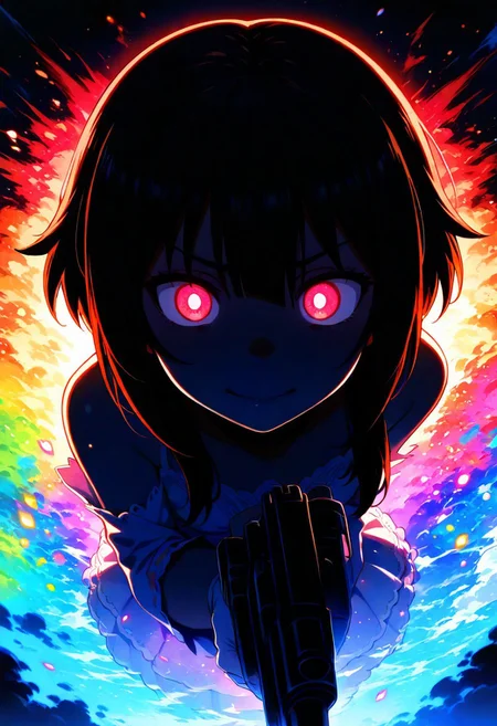 Megumin, masterpiece, best quality, amazing quality, very aesthetic, absurdres, 1 girl, backlighting, brown hair, red magical glowing eyes, magic circles, sweet expression, looks at the viewer, close-up of face, face in shadow, body in shadow, dark setting, holds a gun, pointed at the viewer, dark, many light sources, clear, the muzzle of the gun at the viewer, BREAKE, very beautiful princess dress, blue color, white gloves on her hands, thin lips, narrow mouth, cat's smile, solo, upper body, angle from above, Dutch angle, BREAKE, holds a gun, pointed at the viewer, dark, many light sources, clear, the muzzle of the gun at the viewer, BREAKE, very beautiful, bright magical particles, smoke, fog, multicolored, small, colorful, explosion of colors, soft light, vibrant colors, multicolored rainbow light, focus on face, lots of soft light and colorful particles, colorful, masterpiece, best quality, amazing quality, very aesthetic, absurdres, newest, soft light, explosion of colors, masterpiece, best quality, colorful, bright, multicolored, bright colors of paint, masterpiece, best quality, amazing quality, very aesthetic, absurdres,