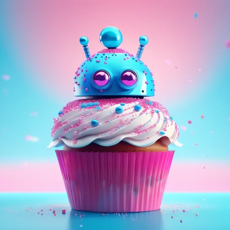 A high quality digital art of a Cupcake Robot, sprinkles, pink and blue circutis, double exposure, up close portrait, (double exposure:1.05), elegant theme, octane render, droid, concept photo, 8k, cinematic lighting, negative space, beautiful lighting, product picture